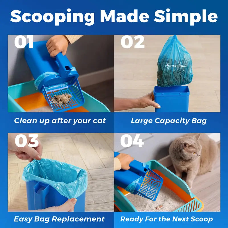 Cat Litter Scooper with Built-in Bag, No-Touch One-Handed Sifting Shovel for Open-Top Boxes