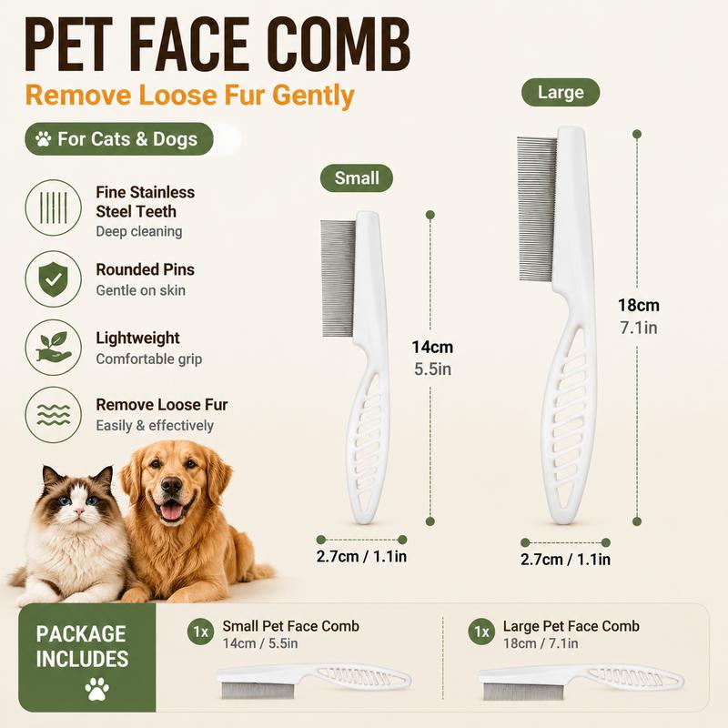 2PCS Pet Face Comb Set for Cats & Dogs - Fine Tooth Stainless Steel Grooming & Flea Removal