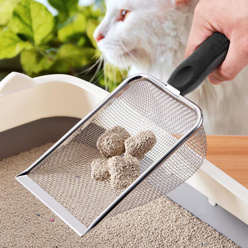 Stainless Steel Cat Litter Scoop - 3.8mm Mesh Sifter with Long Handle for Quick Cleaning