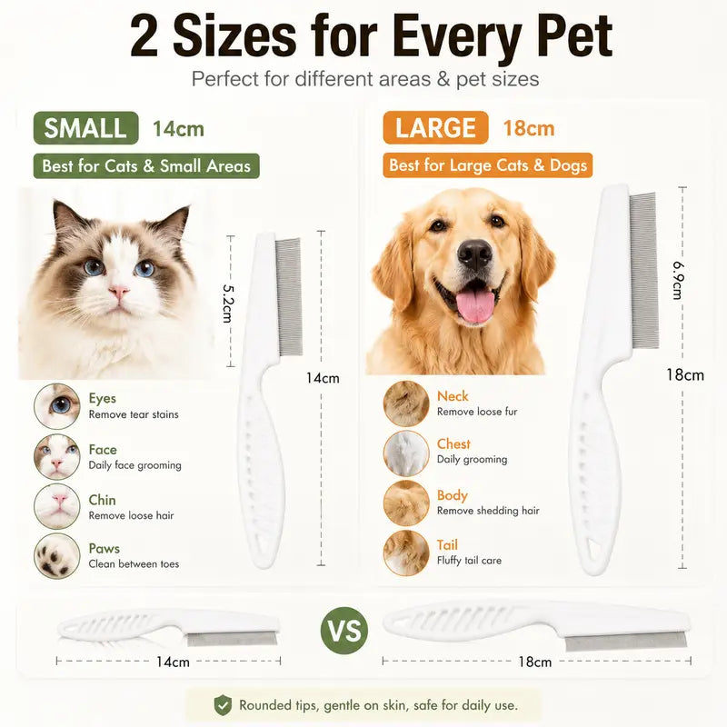 2PCS Pet Face Comb Set for Cats & Dogs - Fine Tooth Stainless Steel Grooming & Flea Removal