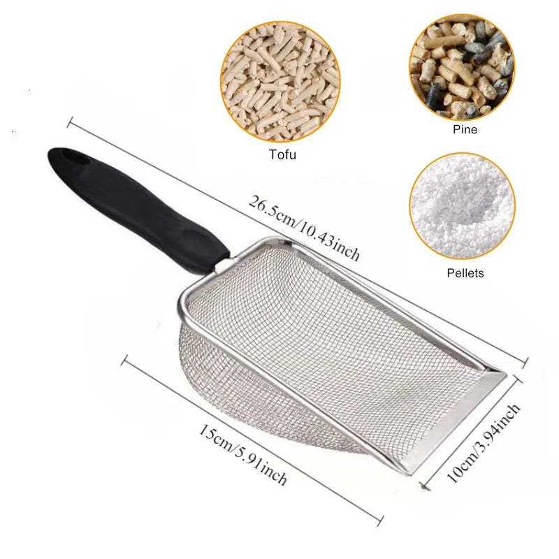 Stainless Steel Cat Litter Scoop - 3.8mm Mesh Sifter with Long Handle for Quick Cleaning