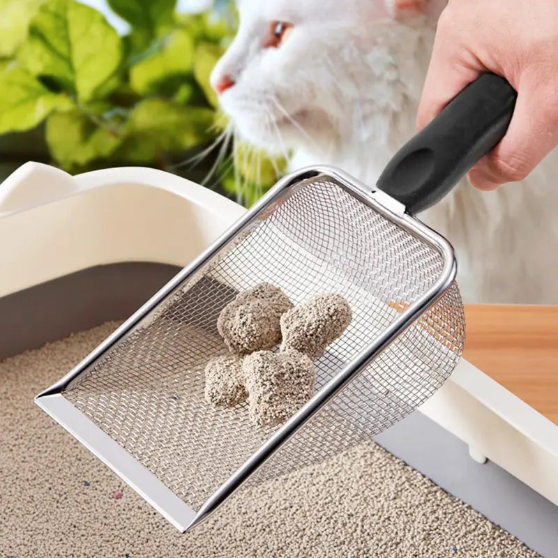 Stainless Steel Cat Litter Scoop - 3.8mm Mesh Sifter with Long Handle for Quick Cleaning