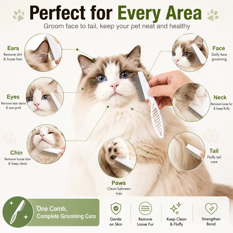 2PCS Pet Face Comb Set for Cats & Dogs - Fine Tooth Stainless Steel Grooming & Flea Removal