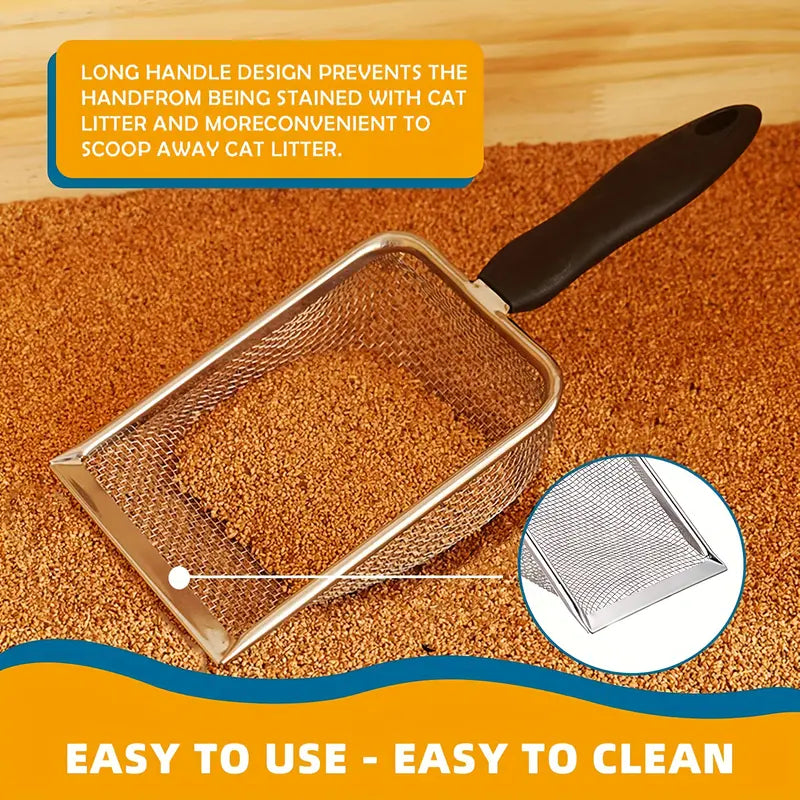 Stainless Steel Cat Litter Scoop - 3.8mm Mesh Sifter with Long Handle for Quick Cleaning