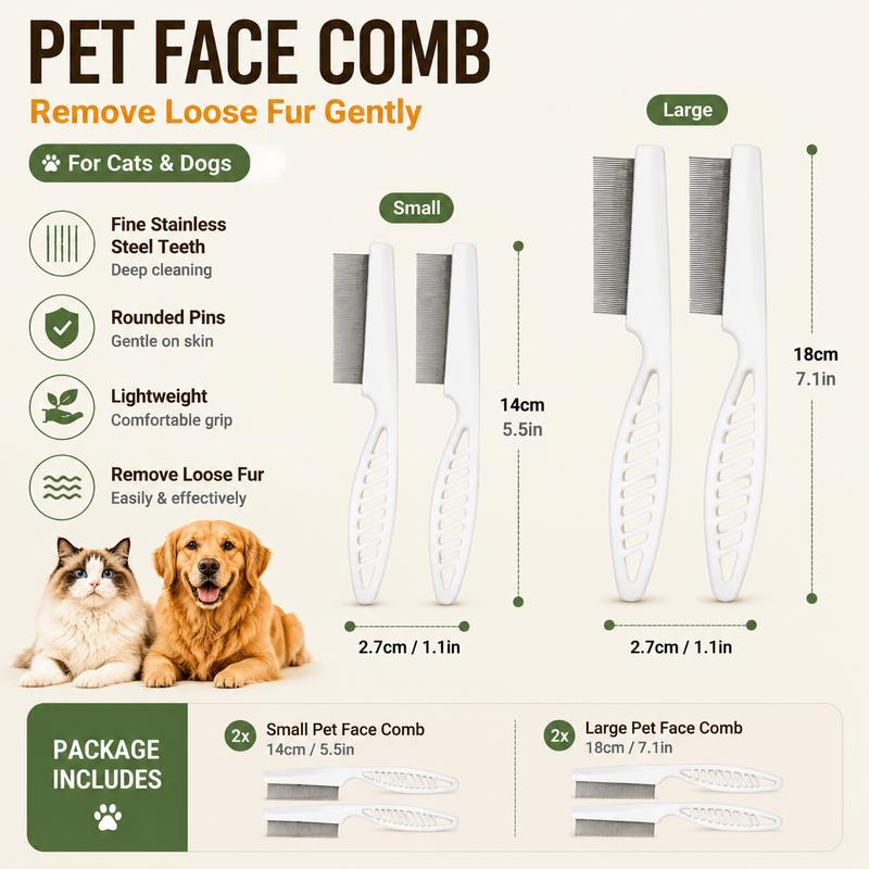 2PCS Pet Face Comb Set for Cats & Dogs - Fine Tooth Stainless Steel Grooming & Flea Removal