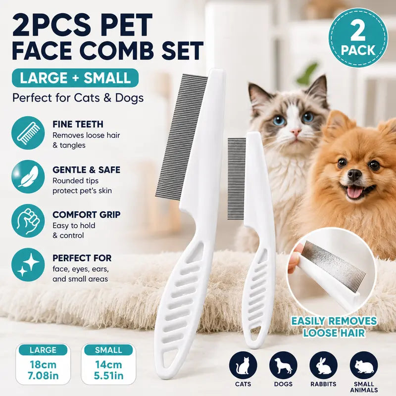 2PCS Pet Face Comb Set for Cats & Dogs - Fine Tooth Stainless Steel Grooming & Flea Removal