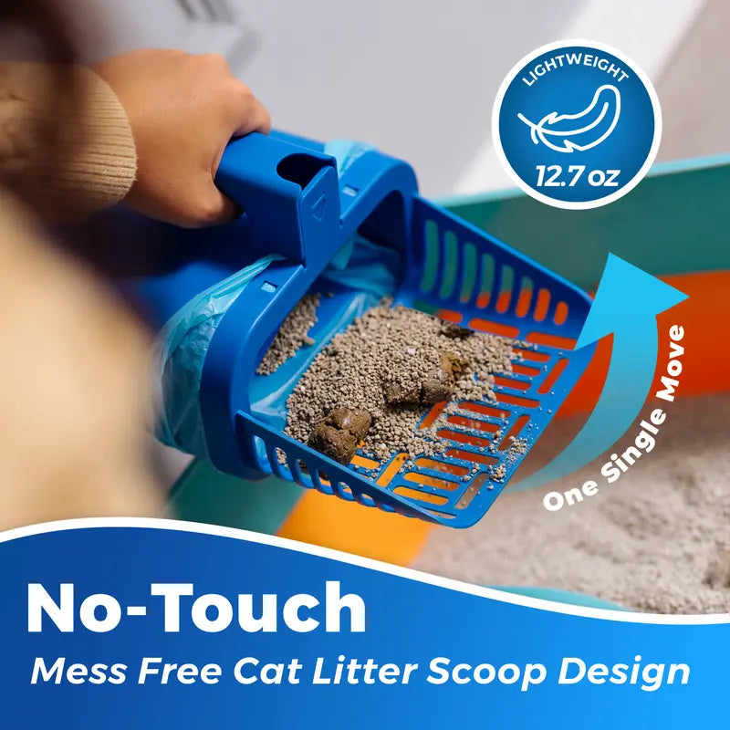 Cat Litter Scooper with Built-in Bag, No-Touch One-Handed Sifting Shovel for Open-Top Boxes
