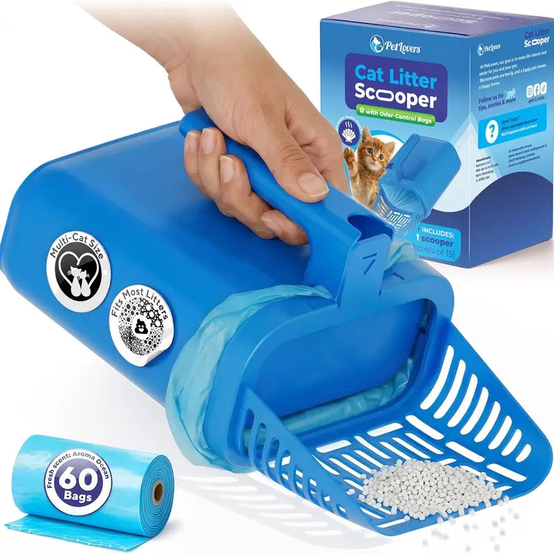 Cat Litter Scooper with Built-in Bag, No-Touch One-Handed Sifting Shovel for Open-Top Boxes