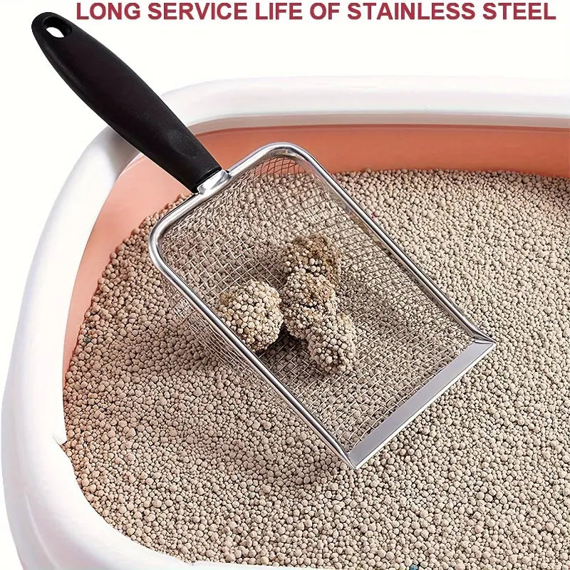Stainless Steel Cat Litter Scoop - 3.8mm Mesh Sifter with Long Handle for Quick Cleaning