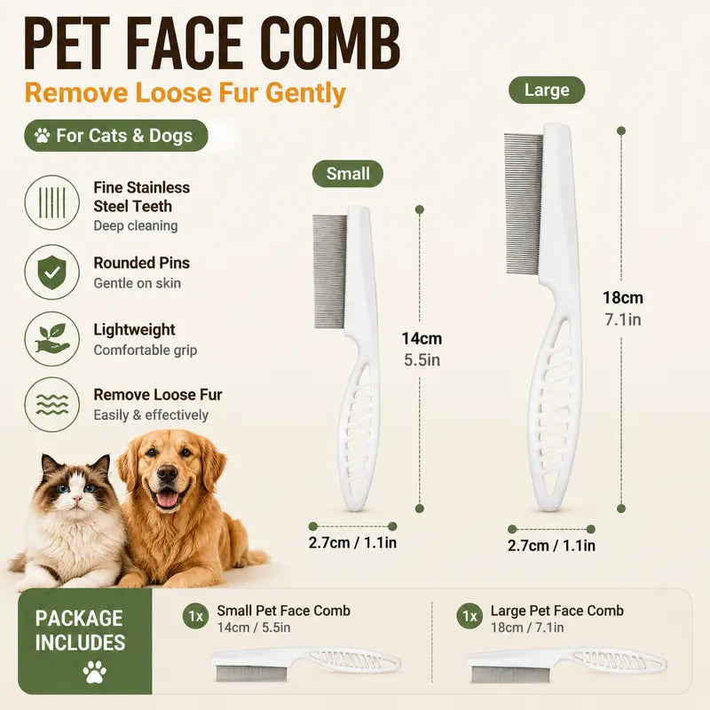 2PCS Pet Face Comb Set for Cats & Dogs - Fine Tooth Stainless Steel Grooming & Flea Removal