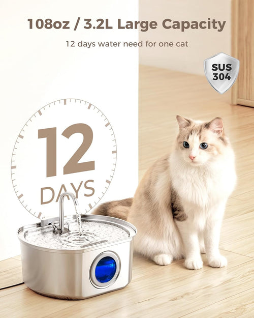 108oz Stainless Steel Pet Water Fountain with Water Level Window & Quadruple Filtration